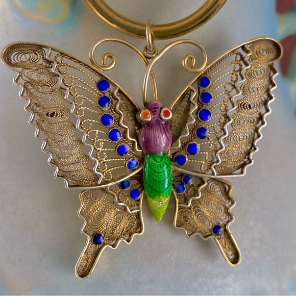 Vermeil (gold wash over sterling) filigree butterfly pendant with enameling - Picture 7 of 8